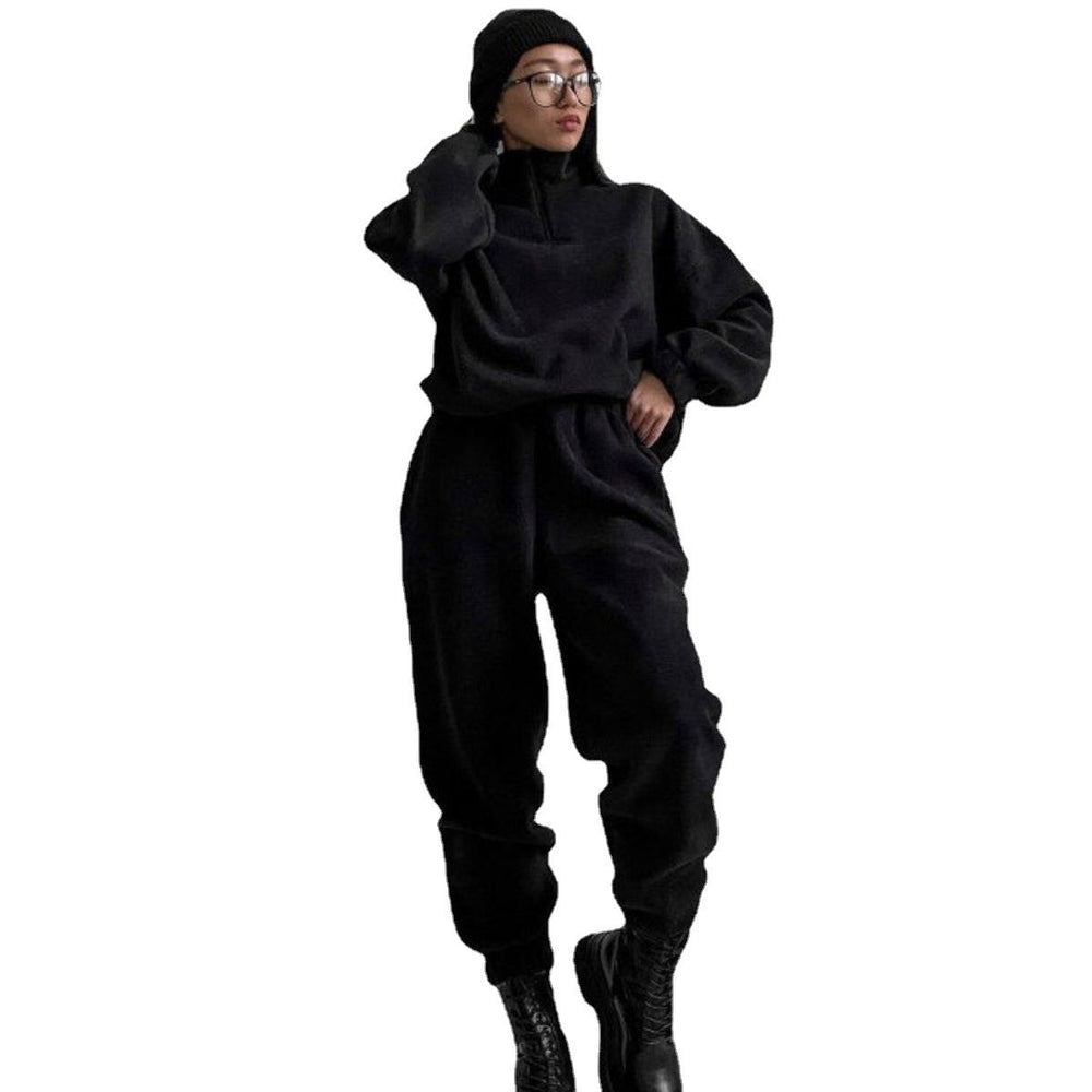 2025 spring/autumn hot-selling new women's amazon fashion solid color loose zip-up stand collar hoodie casual 2-piece set
