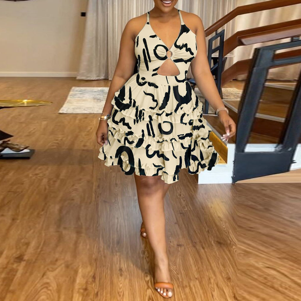 S10538 European and American, sexy, slim fit, printed fungus edge elastic cross suspender hollow cake dress dress