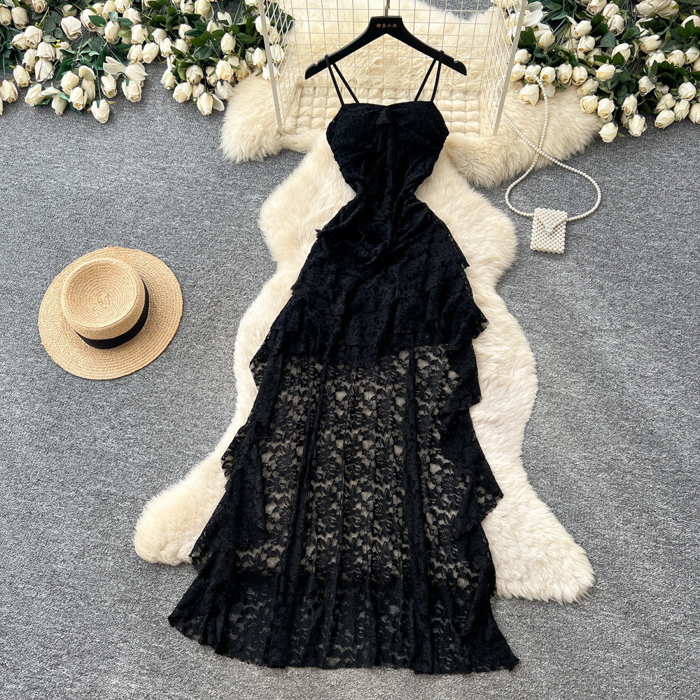 Frenchromantic style asymmetricallace suspender dress female summer pure lust style ruffles waist slimming look a-line skirt