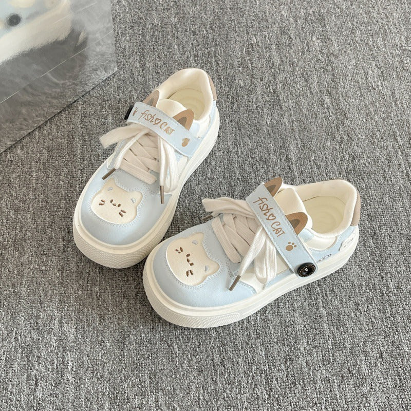 Chunky platform white sneakers - 2026 spring new arrival: cute puppy design, hook-and-loop closure, versatile height-boosting casual sneakers for students