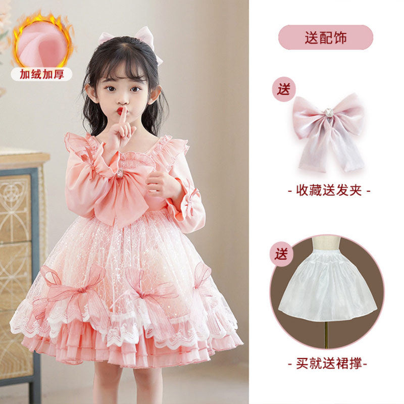 Lolita style girls' princess dress - new long sleeve satin bowknot mesh children's dress for little girls and babies