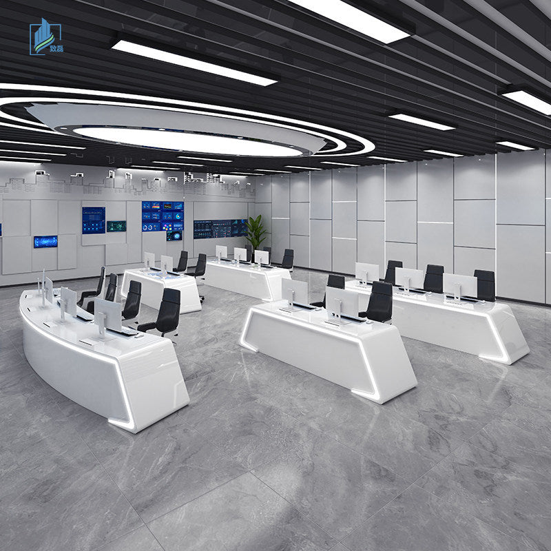Saint li's futuristic surveillance console, command center curved control desk, central control room monitoring station, and workstation