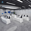 Saint li's futuristic surveillance console, command center curved control desk, central control room monitoring station, and workstation