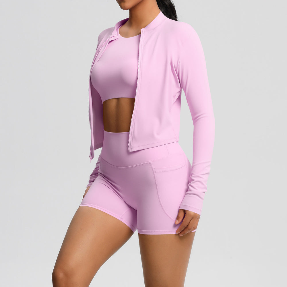 cloud-feel brushed short-sleeved sports zipper outwearflap pocket pants shorts hip-lifting fitness yoga wear three-piece set