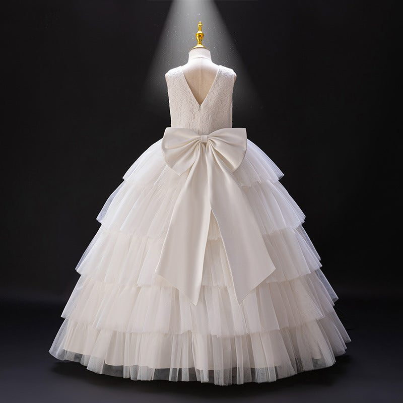 Girls' dresses flower girl wedding dress high-end white cake skirt elegant piano performance little girl runway dress european and american style