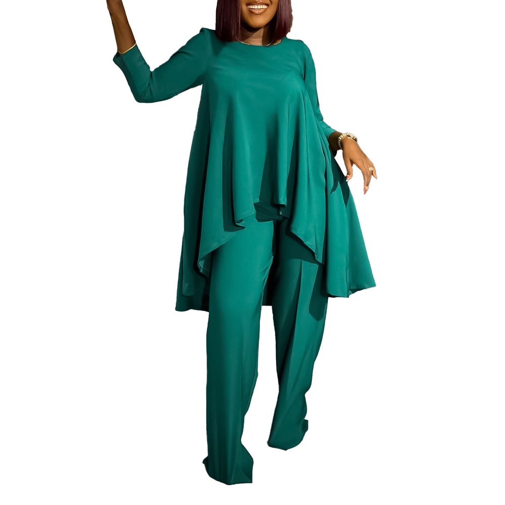 D3260  foreign trade women's fashion european and american style elegant plus size long sleeve top and wide leg pants cross-border set