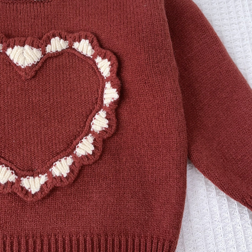 Girls' korean style sweater - new autumn/winter sweet 3d heart top - christmas baby girl round neck knitted long sleeve sweater