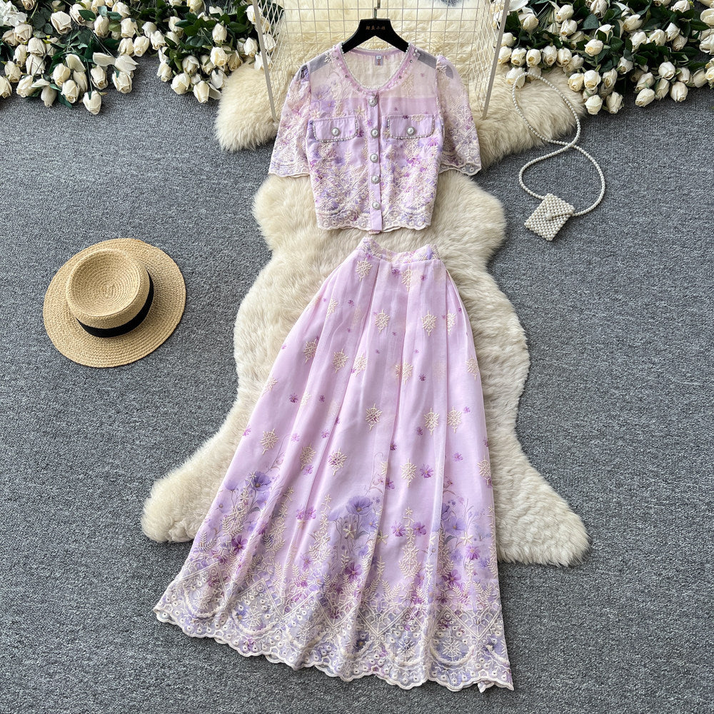 French chic floral print short sleeve embroidered two-piece set - women's summer casual slim fit age-defying outfit