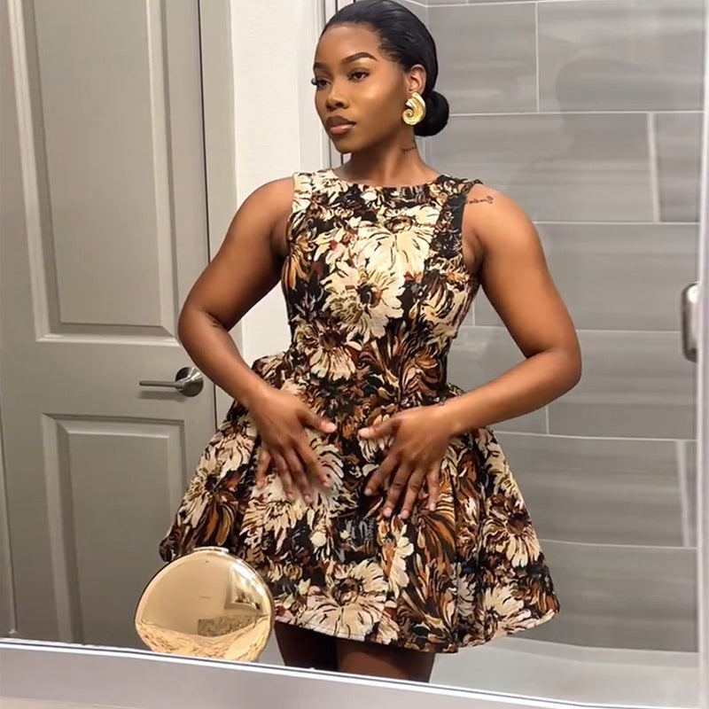 European and american cross-border women's fashion  summer new arrival: elegant round neck printed high-waisted a-line sleeveless mini dress
