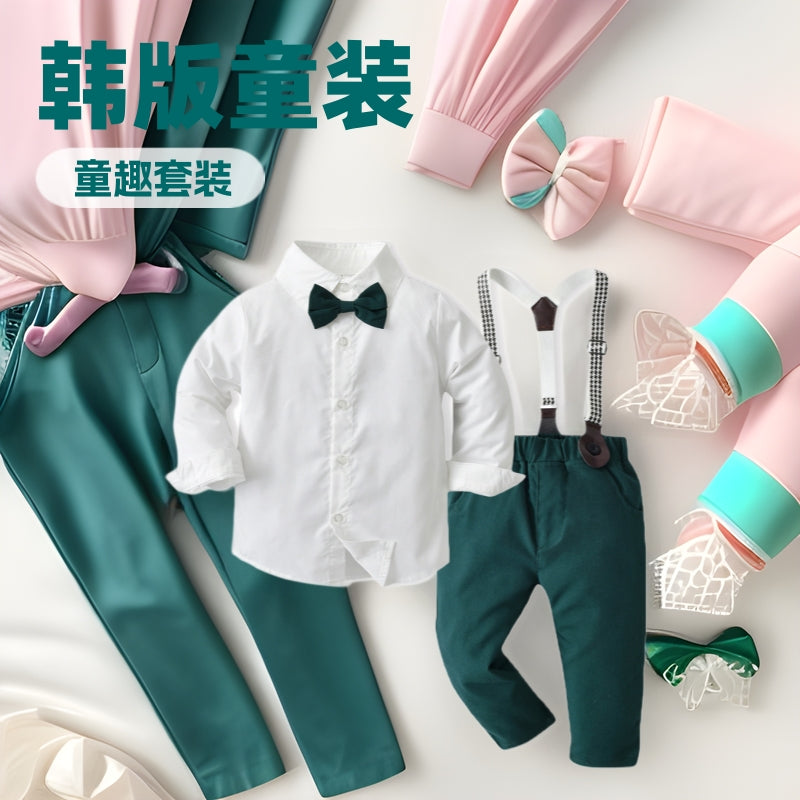 K-style children's clothing kidssuitlong sleevesshirt suspender two-piece set 61 spring & fallnew arrivalboys' first birthday dress
