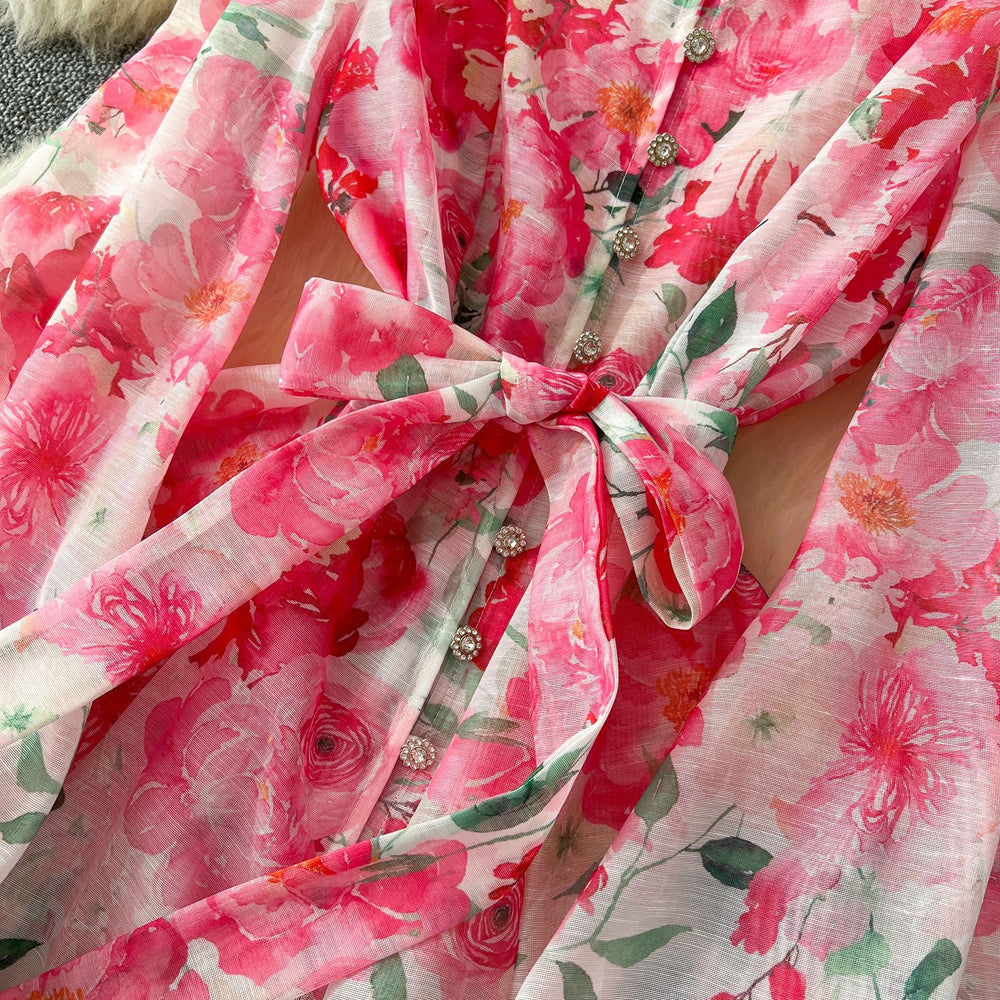 spring new arrival: elegant socialite stand collar single-breasted lantern sleeve printed tie-waist european and american style dress