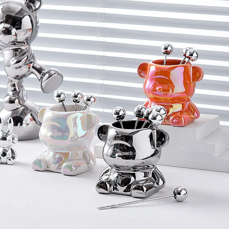 Simple ins style bear stainless steel fruit fork set fruit pick household high-looking ceramic fruit fork jar wholesale