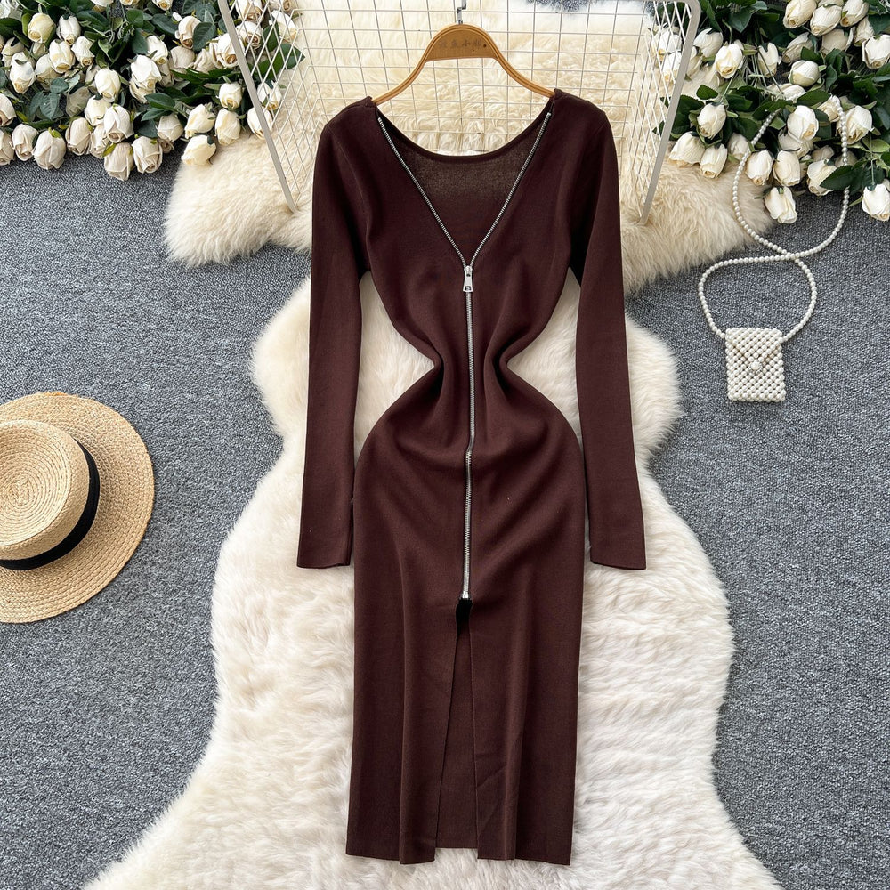 Korean style chic design v-neck zipper long sleeve slim-fit dress - women's autumn waist-cinching slit sweater dress