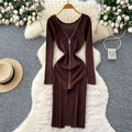 Korean style chic design v-neck zipper long sleeve slim-fit dress - women's autumn waist-cinching slit sweater dress
