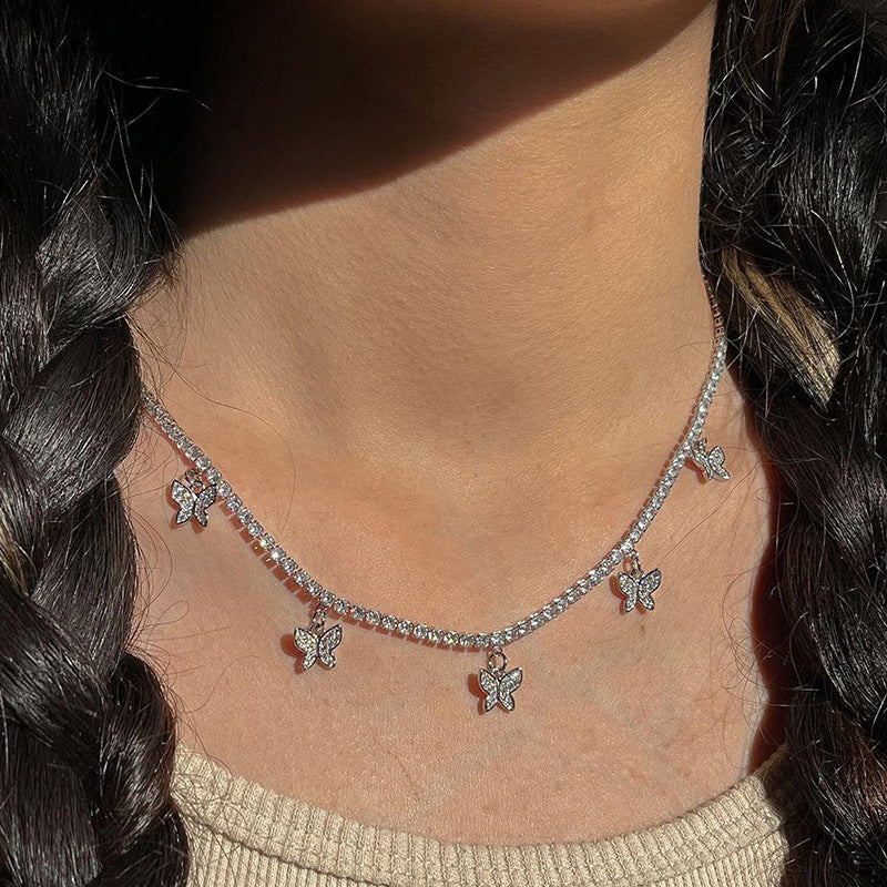 European and american cross-border e-commerce jewelry amazon hot-selling set: alloy butterfly pendant necklace, diamond-studded bracelet and ring for women