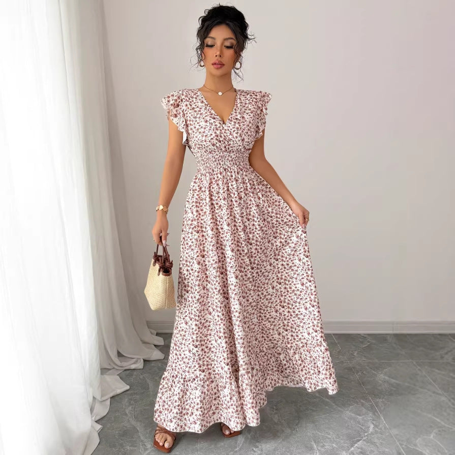 new cross-border women's fashion french & european style printed maxi dress