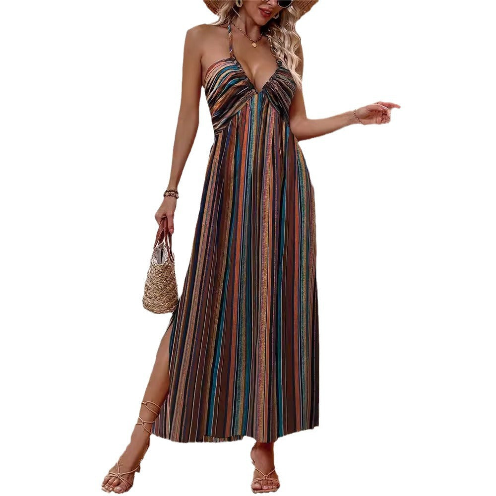 Amazon  spring/summer striped print maxi slip dress women's chiffon fashion sexy painted
