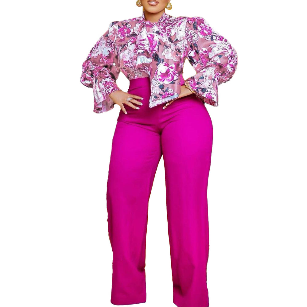 Q070 autumn/winter african women's loose plus size casual printed long sleeve shirt and wide leg pants two-piece set (cross-border)