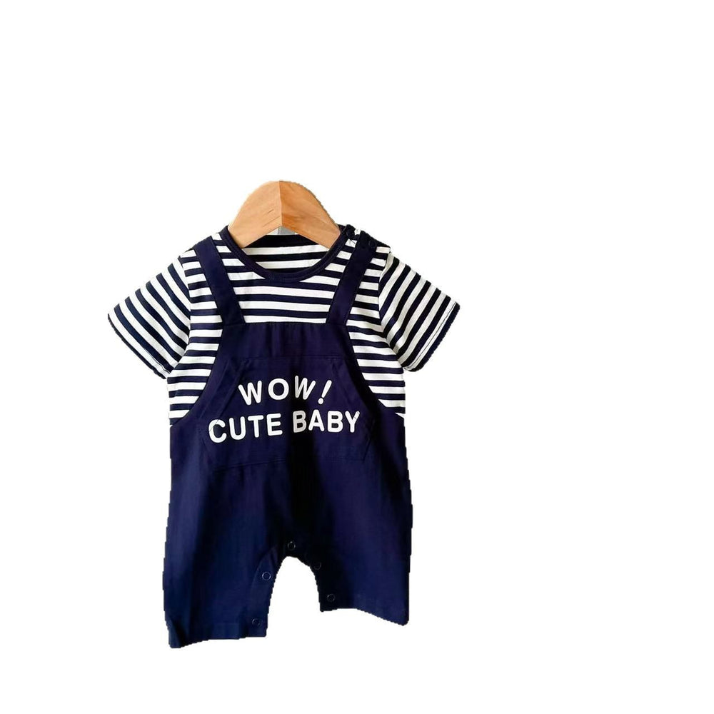 Infant and toddler summer super cute fashion onesie, unisex baby romper, stylish faux suspender short-sleeve jumpsuit for outdoor wear