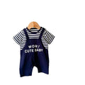 Infant and toddler summer super cute fashion onesie, unisex baby romper, stylish faux suspender short-sleeve jumpsuit for outdoor wear