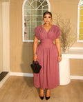 European and american cross-border women's fashion:  autumn new arrival - solid color v-neck ruched flutter sleeve cinched waist long elegant dress