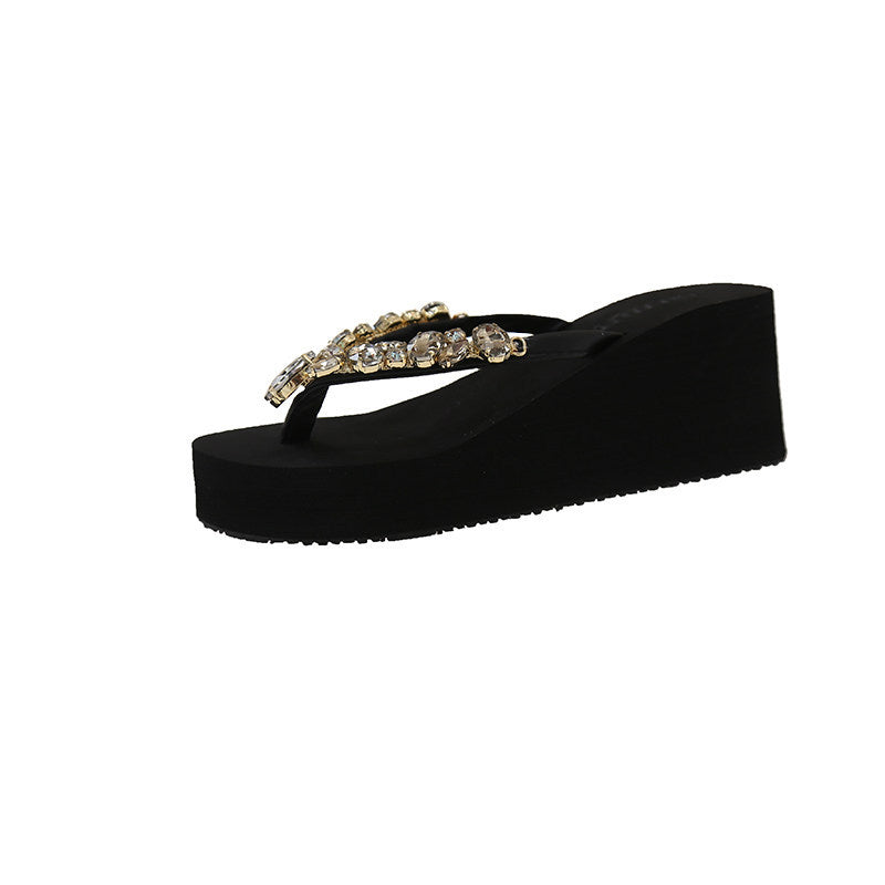 Height increasing sandals with skirt beach vacation women's summer outwear 2026 new wedge thick sole rhinestone flip flops women