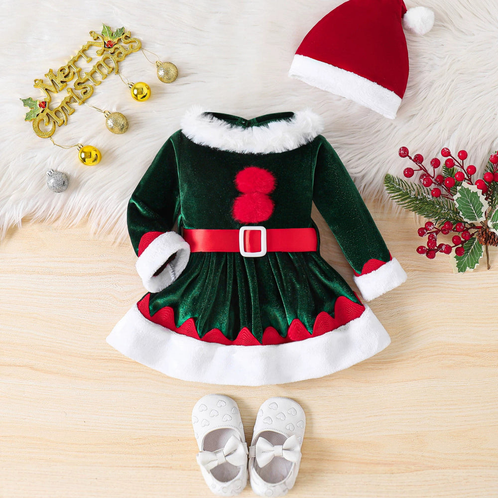 Baby christmas party outfit: fuzzy hat, belt, and romper dress