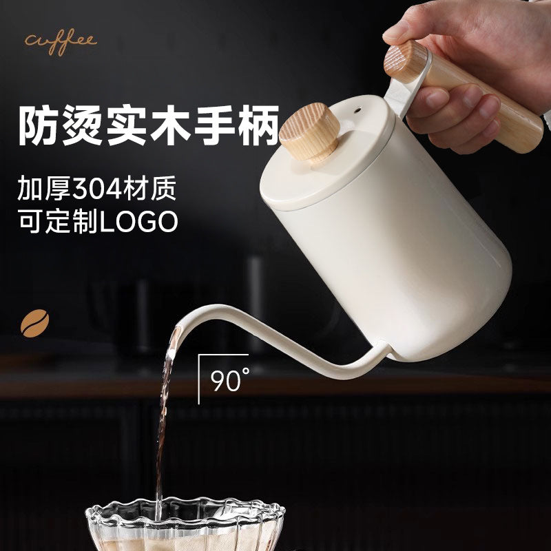 Solid wood handle pour-over kettle, 304 stainless steel coffee dripper with fine spout and measurement markings, coffee brewing tool