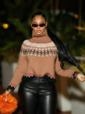 fall/winter high neck jacquard sweater - european & american retro color block ethnic style knit top - fashionable, loose fit, warm top