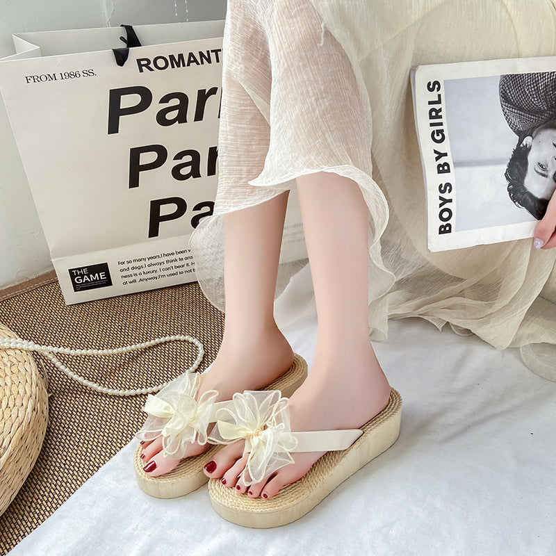 Summer new fashion bowknot platform flip-flops women's mid-heel non-slip sandals beach vacation travel shoes