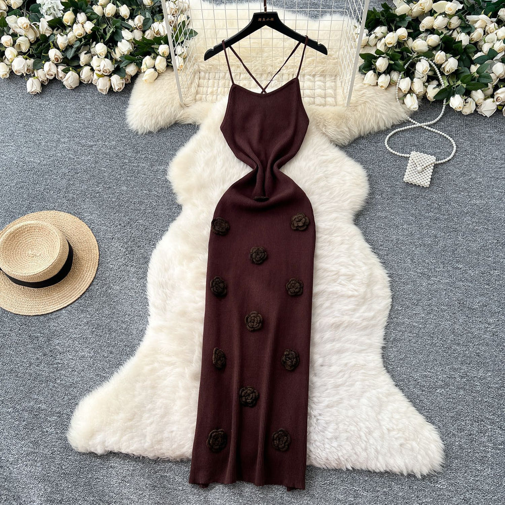 European and american style chic cutout backless halter knit dress - women's figure-hugging maxi dress with 3d floral appliqués