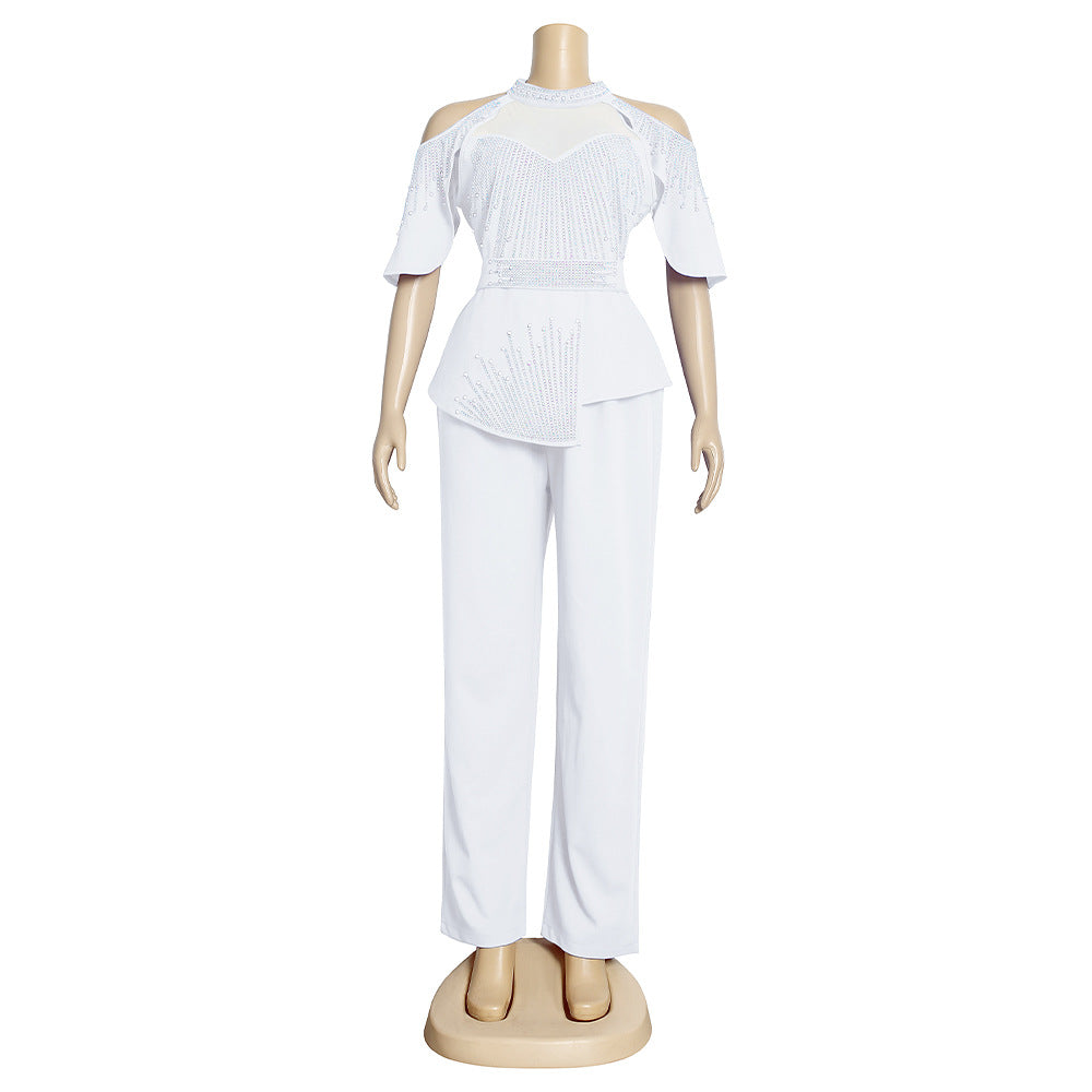 new rhinestone & beaded african  plus size women's autumn outfit: irregular top + pants two-piece set