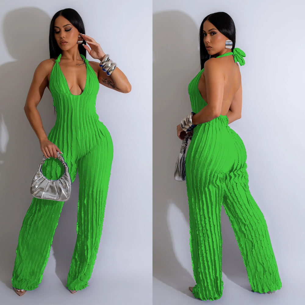 C6737 cross-border   fashion women's solid color backless deep v pleated halter bodysuit