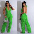 C6737 cross-border   fashion women's solid color backless deep v pleated halter bodysuit