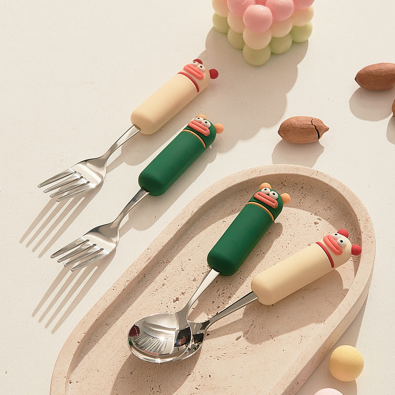 Cute cartoon fork and spoon set - high-value 304 stainless steel tableware for home use - kids' dessert forks with a fun, wide-mouth design