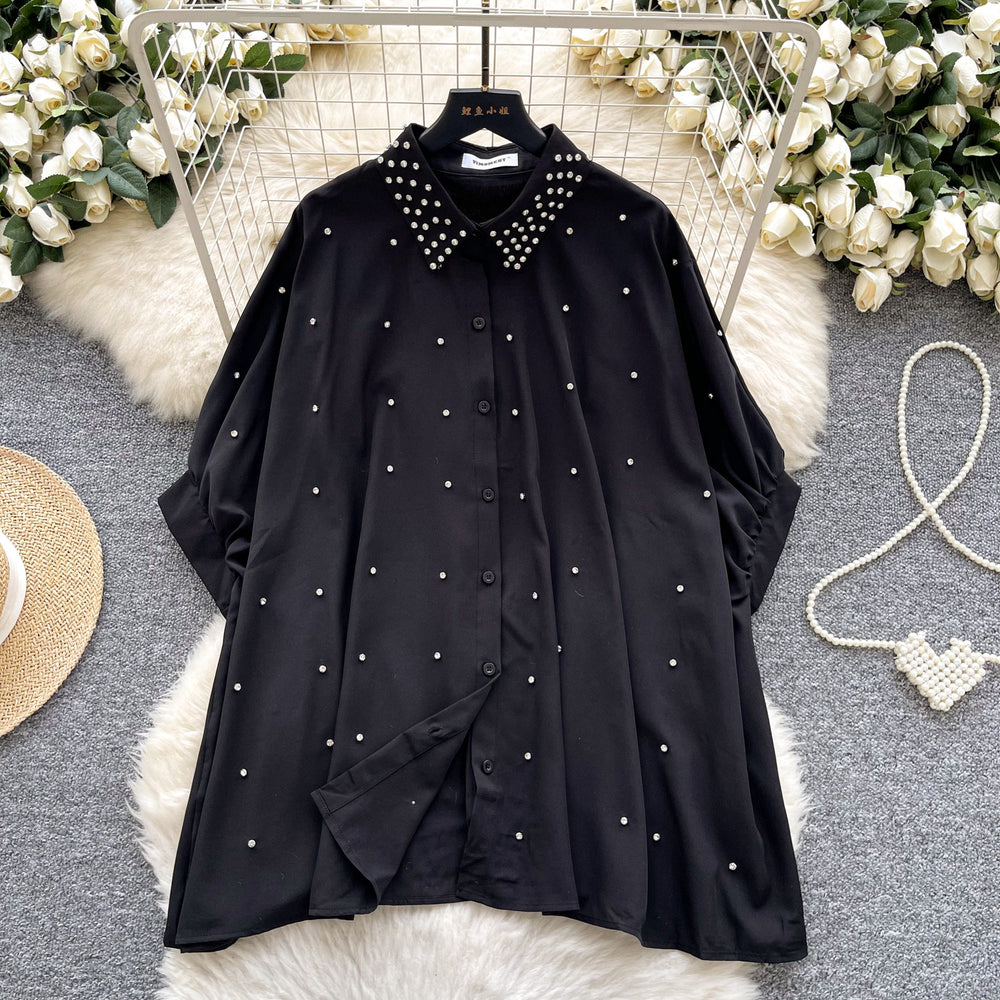 European fashionable tops for women design sense heavy industry inlaid diamond polo collar bat sleeve single breasted loosecasualshirt women