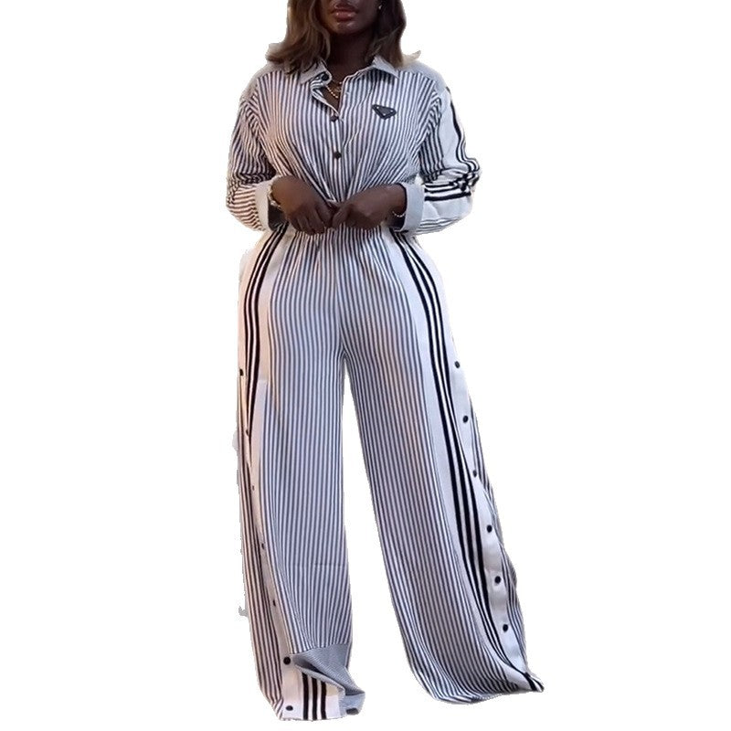 European and american cross-border women's fashion:  autumn new collection - stylish striped cropped long-sleeve shirt and wide-leg pants casual set