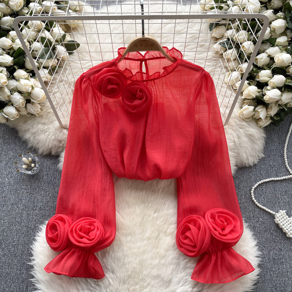 Frenchshirt women's sense of designniche style stereo flower puff sleeves age reduction easiest for matchpure color chiffon shirt women's long sleevestops