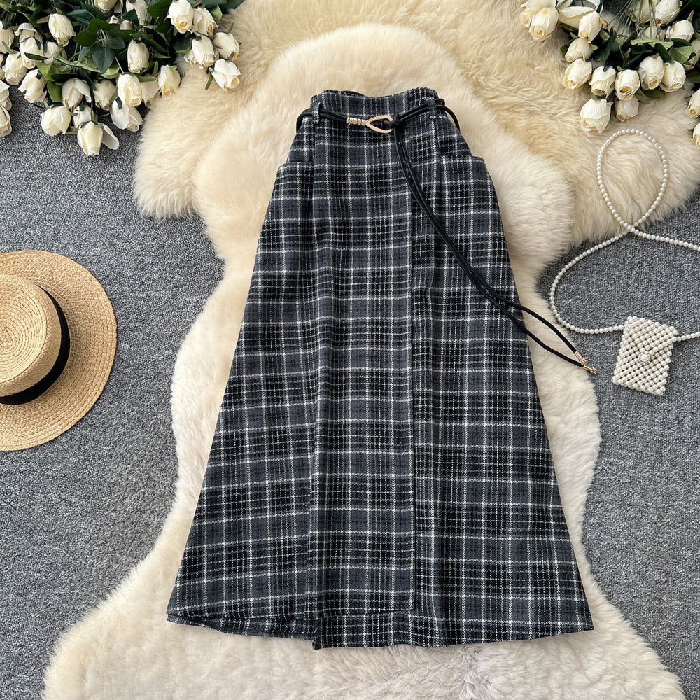 Vintage plaid patchwork a-line midi skirt - women's high-waisted, slimming, commute-friendly, elastic waist skirt - autumn  collection