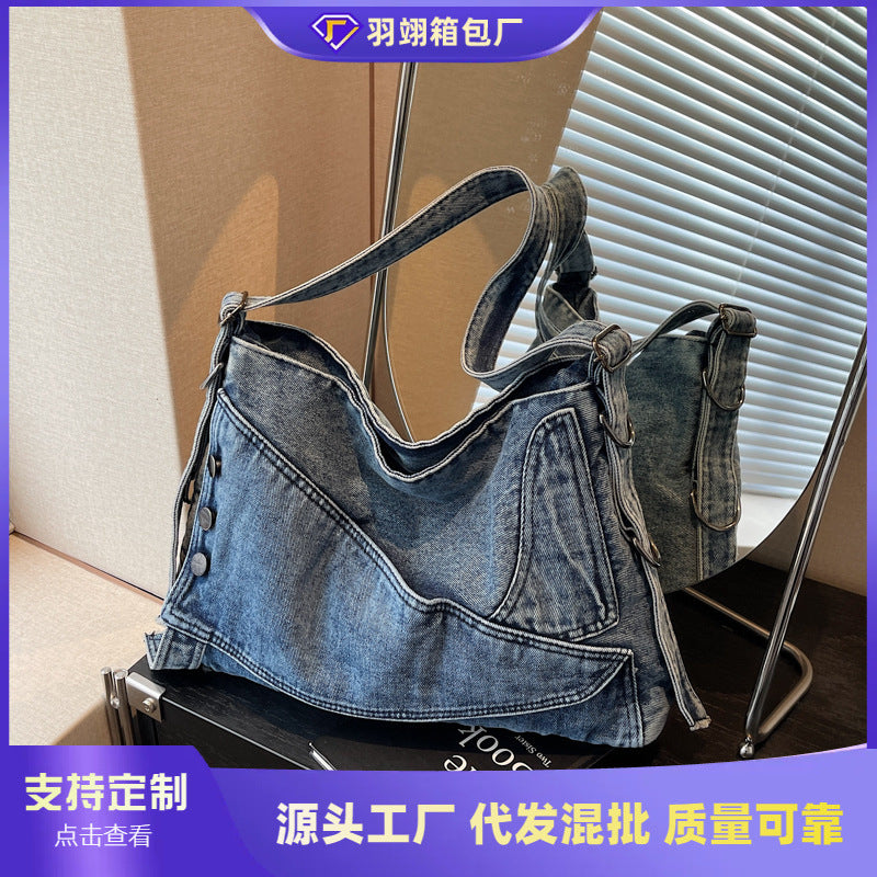 Cross-border retro denim large-capacity bag women's 2025 new casual shoulder messenger bag commuter tote bag