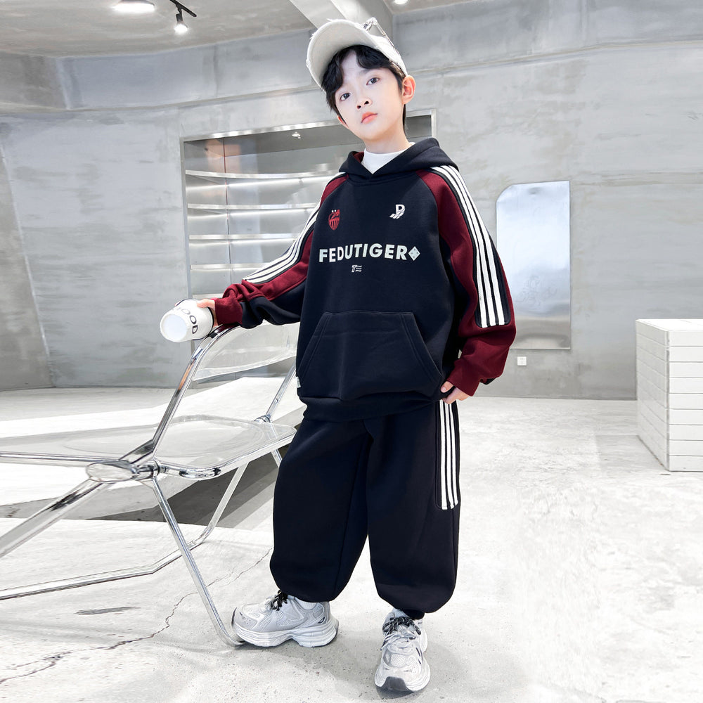 Boys' spring/autumn korean style color block hooded two-piece set -  new kids' spring activewear sweatshirt set