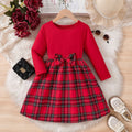 Christmas outfit: new plaid long-sleeve bow dress for girls, toddler to mid-sized children, holiday party formal dress