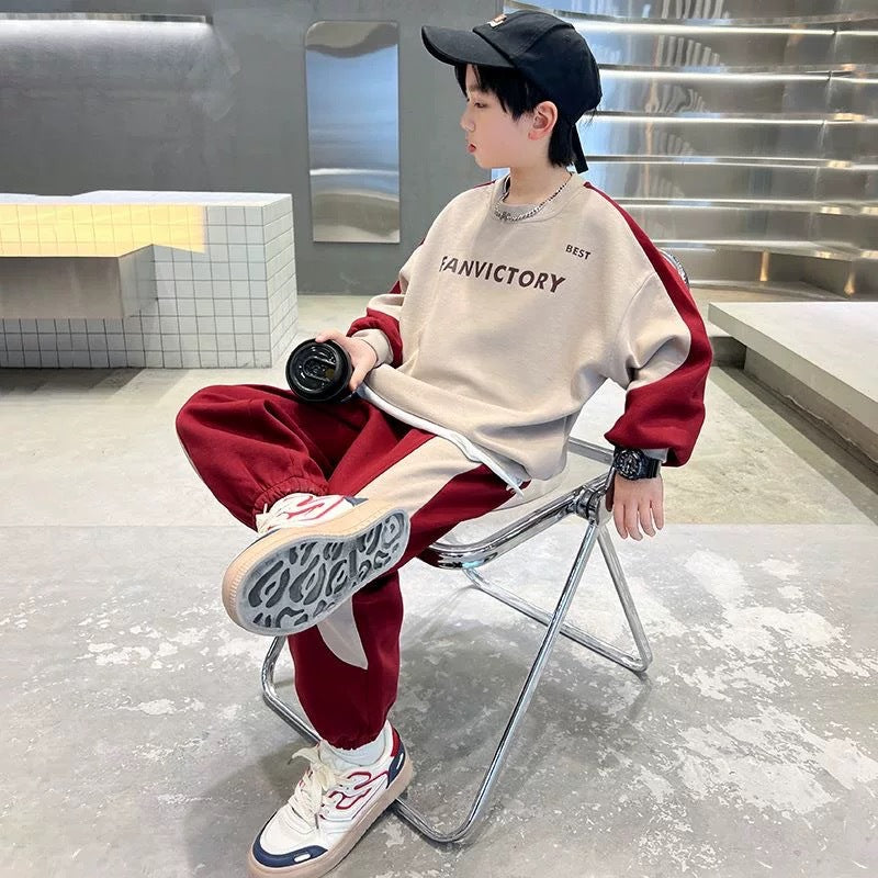 Boys' clothing: mid-to-large size two-piece set - spring  new color block base layer shirt set for students - stylish & cool