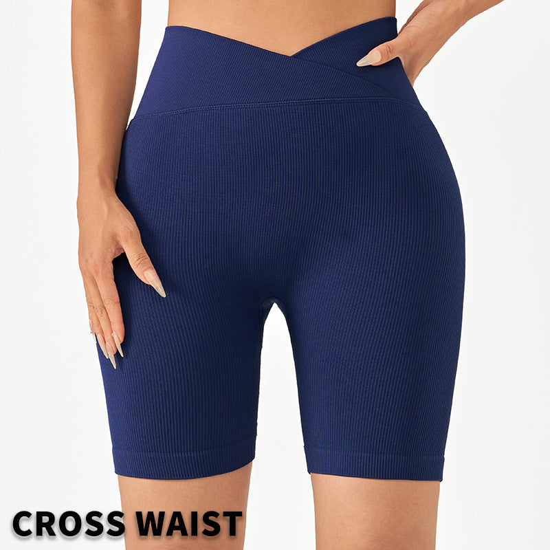 2025 new  seamless knitted threaded yoga shorts women's summer high-waisted belly yoga clothes sports three-point pants