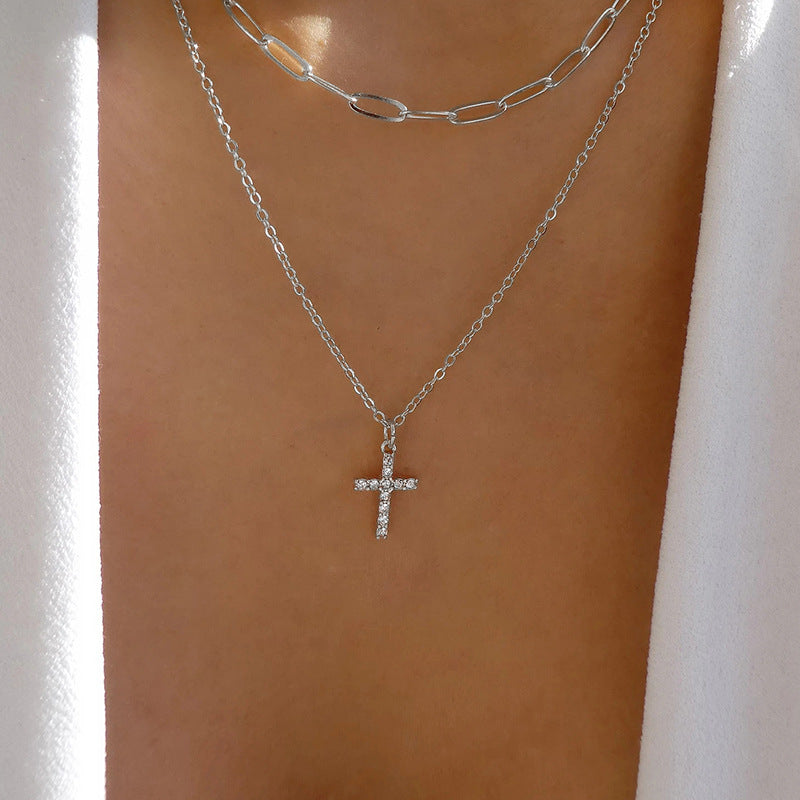 Cross sweater necklace wholesale fashion cross-border jewelry women's fall and winter full diamond fashionstylishcasual stacked necklace
