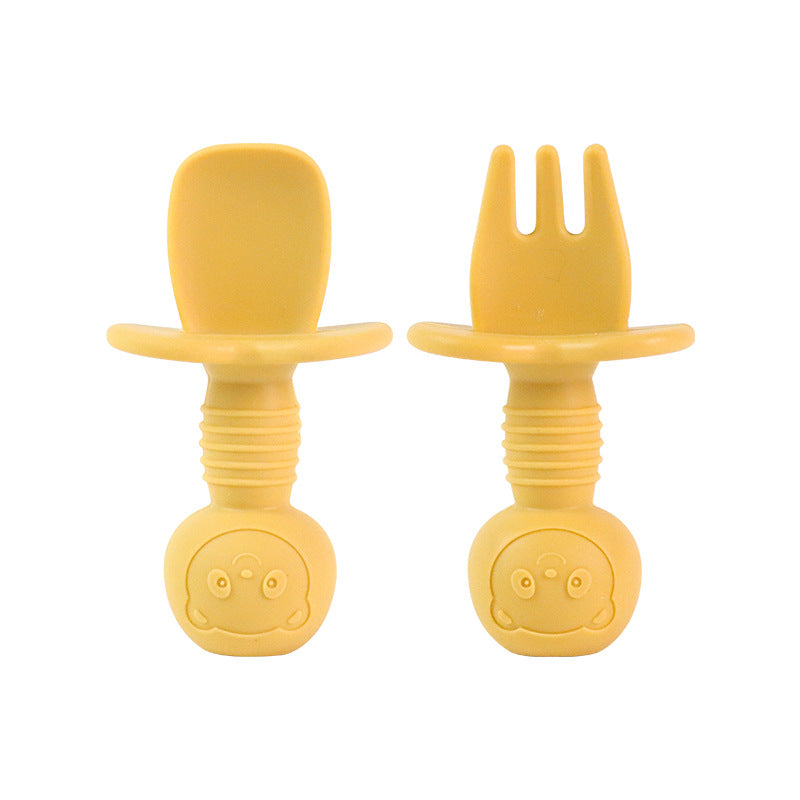 Food grade silicone fork and spoon baby learning to eat training licking spoon short handle silicone complementary food spoon mini baby soft spoon