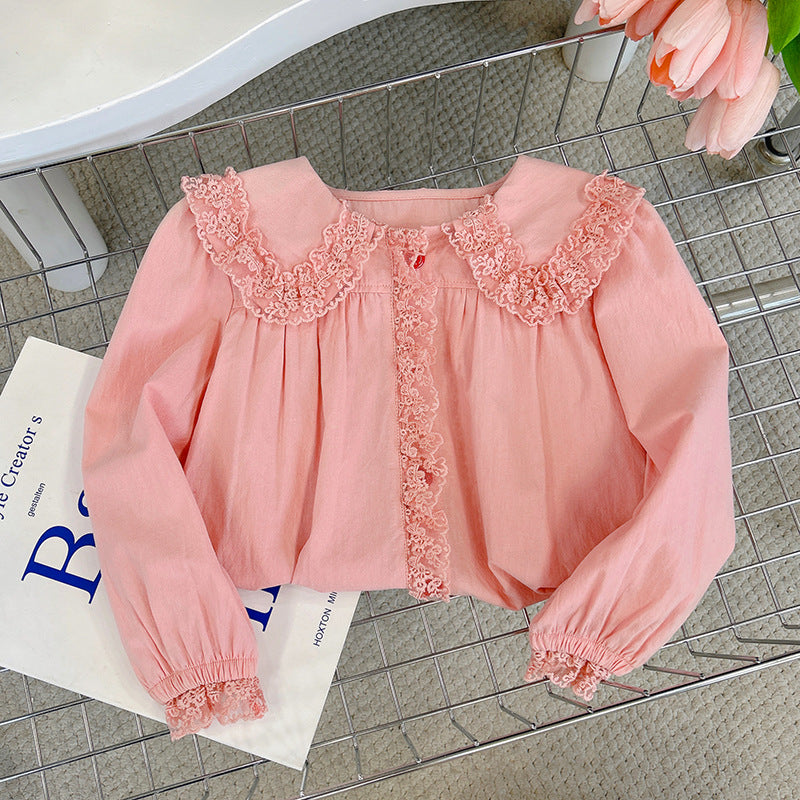 Kids'  autumn new arrival: stylish long-sleeve pure cotton shirt with peter pan collar and lace trim - korean style fashion blouse for girls