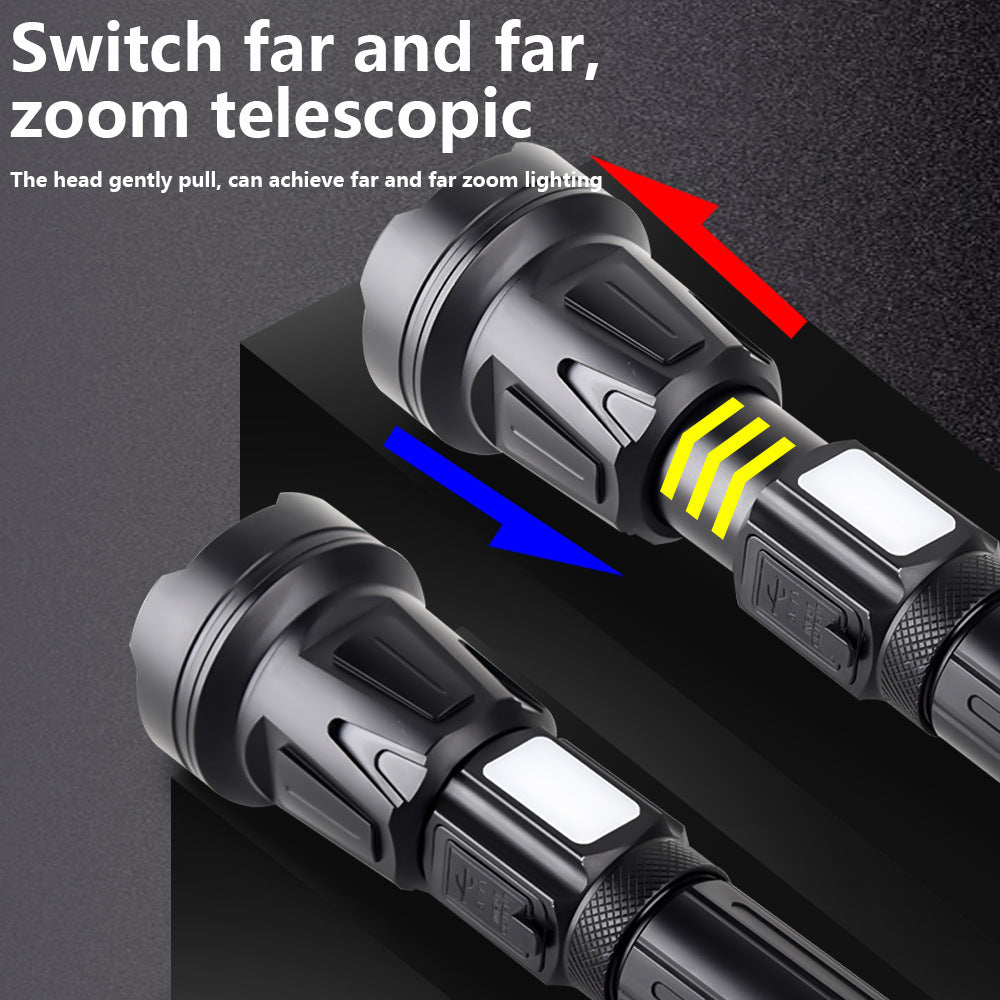 Cross-border new XHP160 + COB strong light flashlight Type-C rechargeable zoom long-range outdoor LED flashlight
