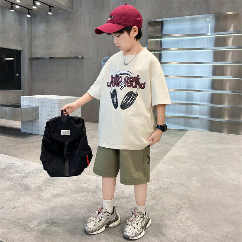 Boys' summer fashion:  new collection - stylish, relaxed-fit, printed letter two-piece set for older boys