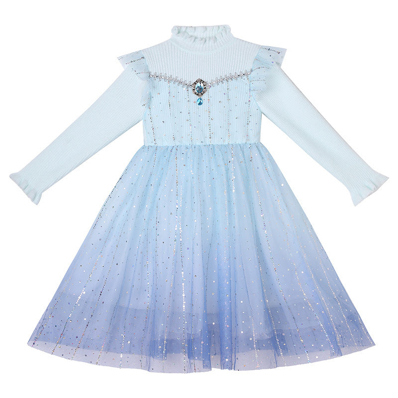 Elsa dress girls new arrivalknittingsweaterkids elsa skirt 3-14 years old dressfall and winter style birthday